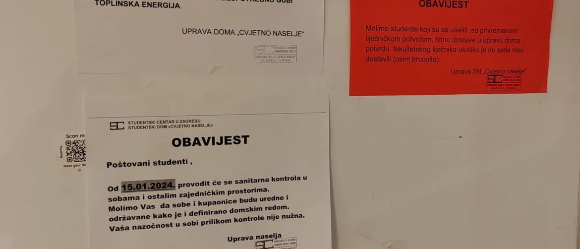 Obavijesti u paviljonima studentskog doma