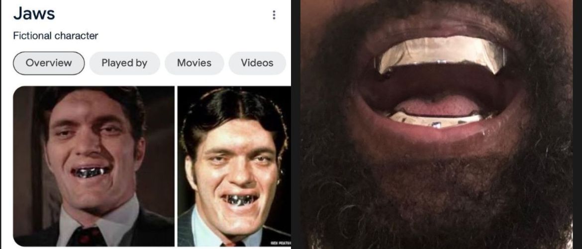 reper kanye west s otvorenim ustima i novom navlakom nalik na lik pored njega imena Jaws iz filmova o jamesu bondu