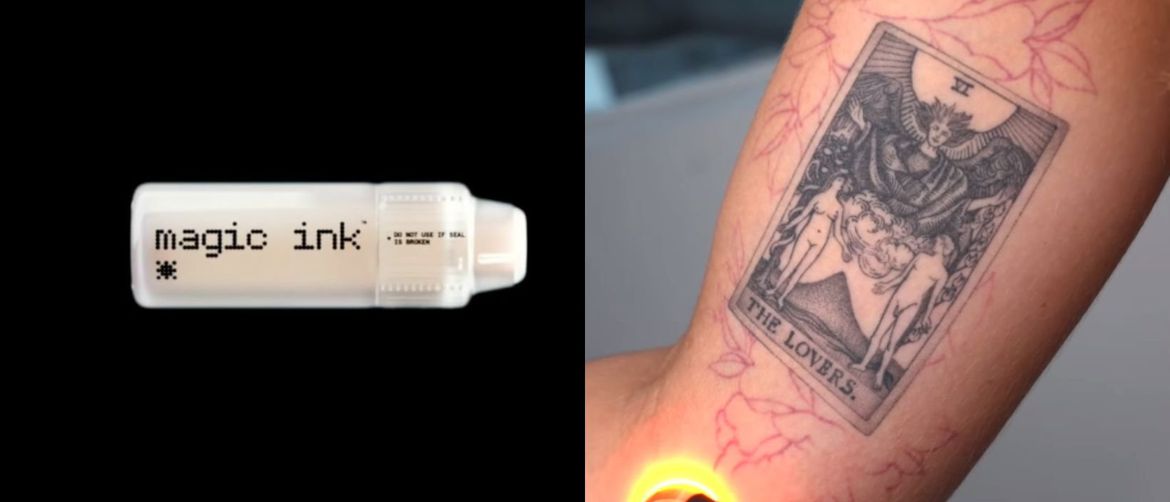 spremnik za tintu Magic ink koja nestaje pod UV svijetlom i njezino demonstriranje na tetoviranoj ruci