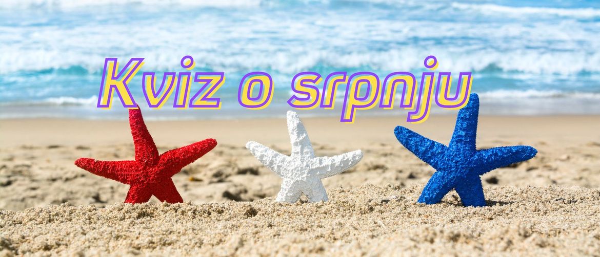 Morske zvijezda u pijesku na plaži i natpis kviz o srpnju