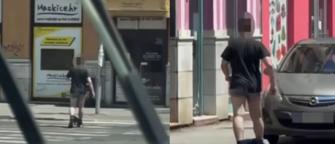 Muškarac kako hoda Zagrebom sa spuštenim hlačama