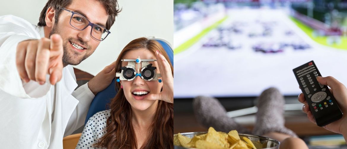 Okulist na pregledu i gledanje televizora