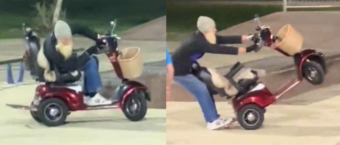 Čovjek s dugom sjedom bradom kako vozi skuter u skateparku