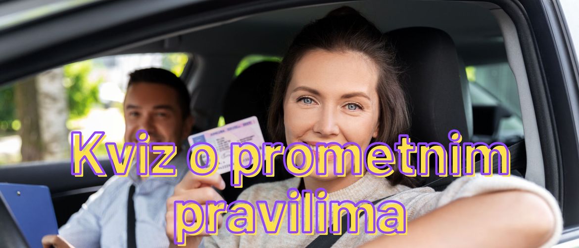 Žena u autoškoli s podignutom vozačkom dozvolom uz naslov kviza