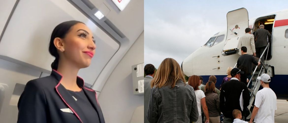 Stjuardesa Rania na ulazu u avion i putnici pri ukrcaju