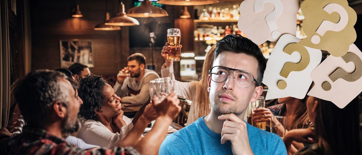 Muškarac koji razmišlja i prikaz puba