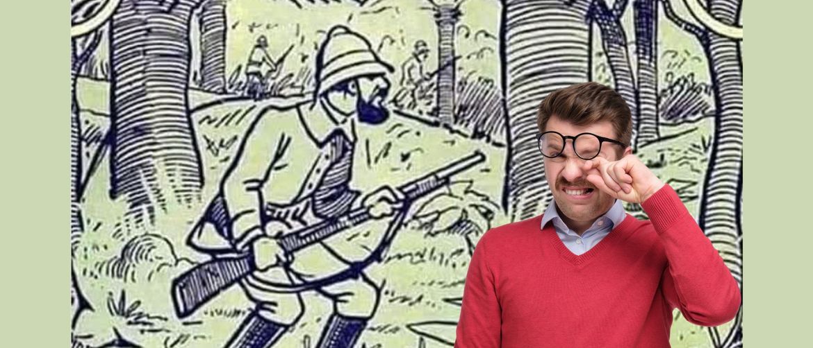 Optička iluzija lovca u šumi i muškarac koji trlja oči ispod naočala