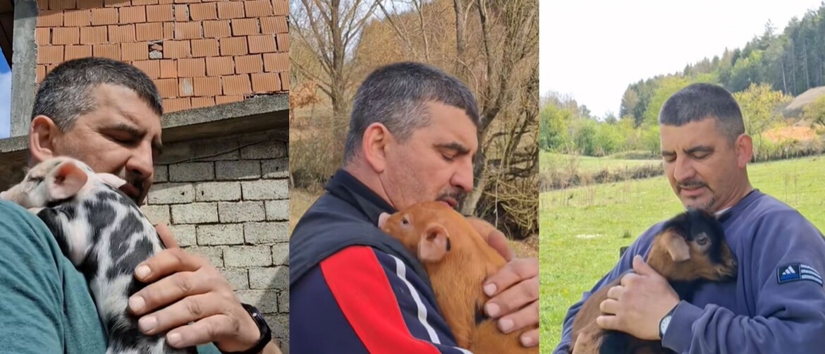 Jovica Nikolic koji pjeva domaćim životinja koje drži u naručju