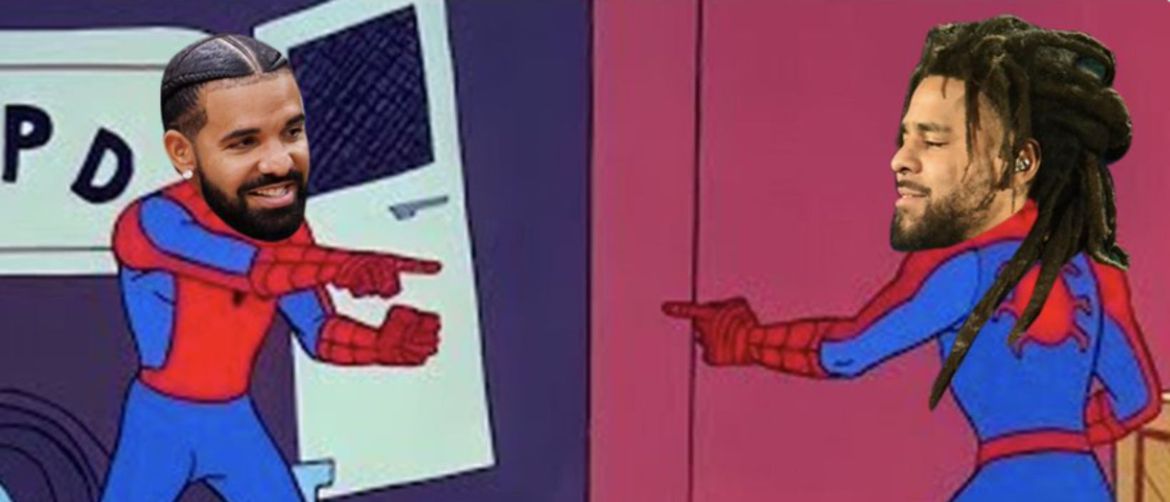 reperi Drake i J Cole u poznatom memeu u kojem Spidermani pokazuju jedan na drugoga