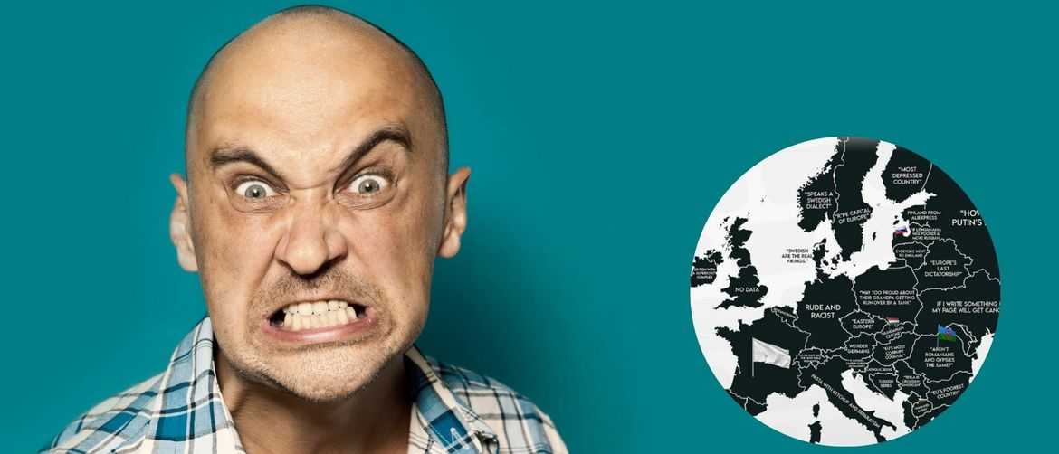 Ljutiti muškarac i karta Europe s najgorim uvredama