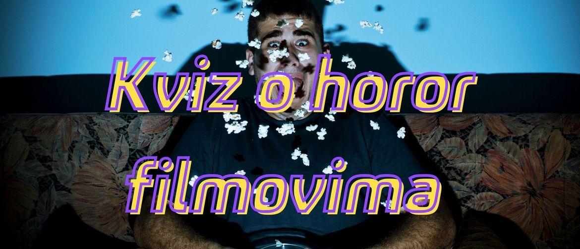 Prestrašeni muškarac gleda film i natpis kviz o horor filmovima