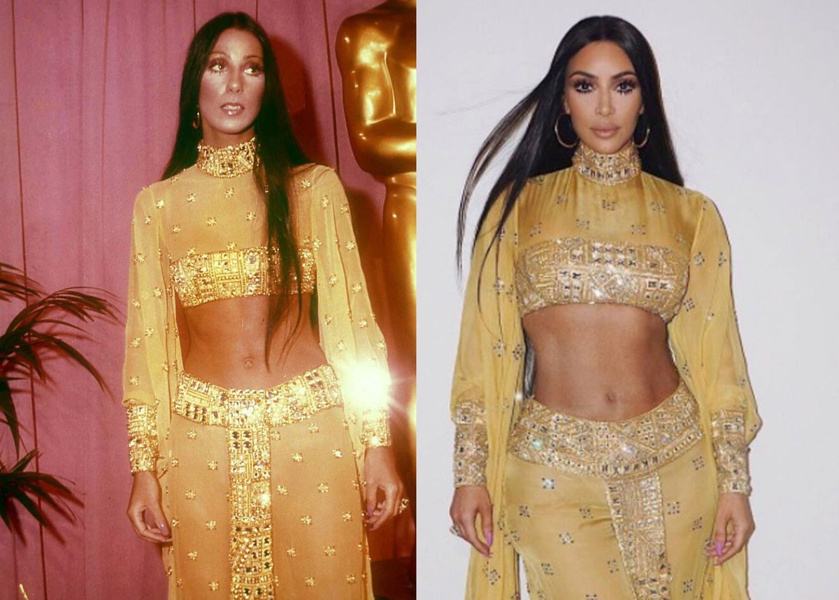 Cher na Oscarima 1973. godine u dvodijelnoj haljini koja ističe trbuh, i Kim Kardashian 2017. u sličnom izdanju