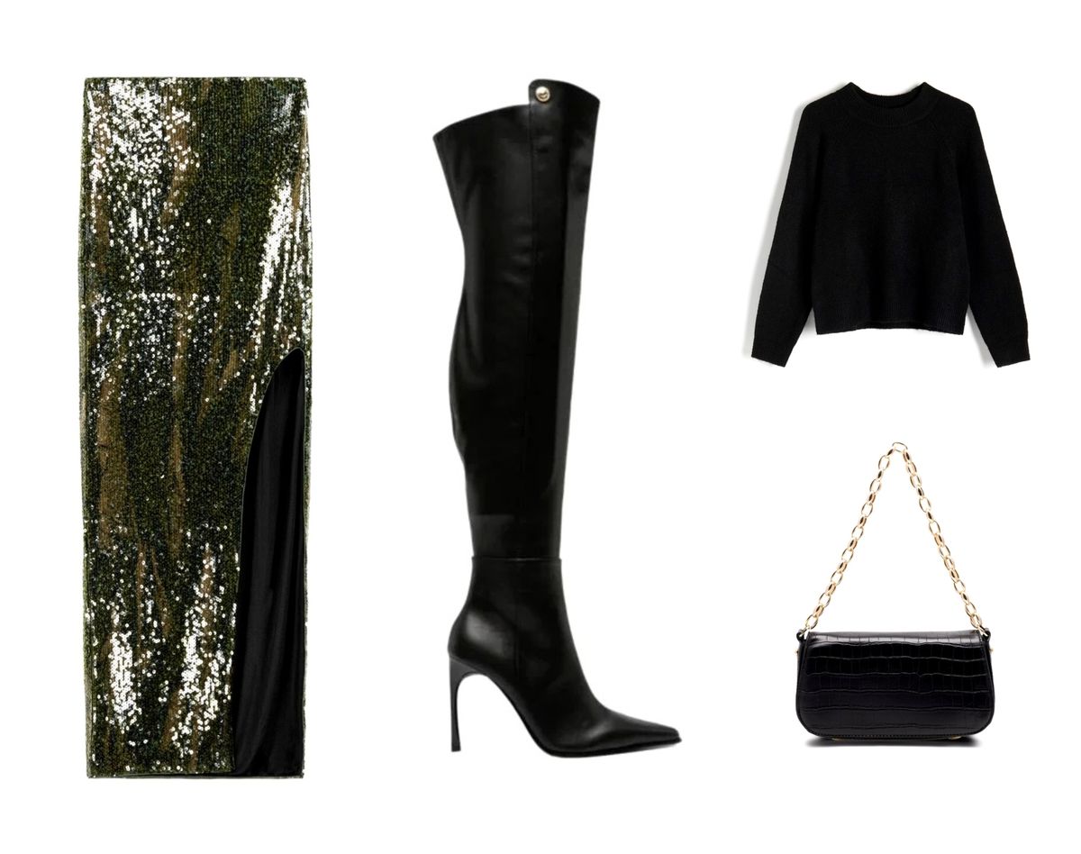 Šljokičasta suknja s prorezom u kombinaciji s visokim čizmama i puloverom