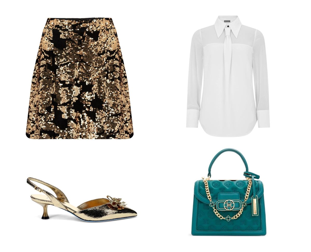 Suknja sa šljokicama u kombinaciji s bijelom košuljom i salonkama