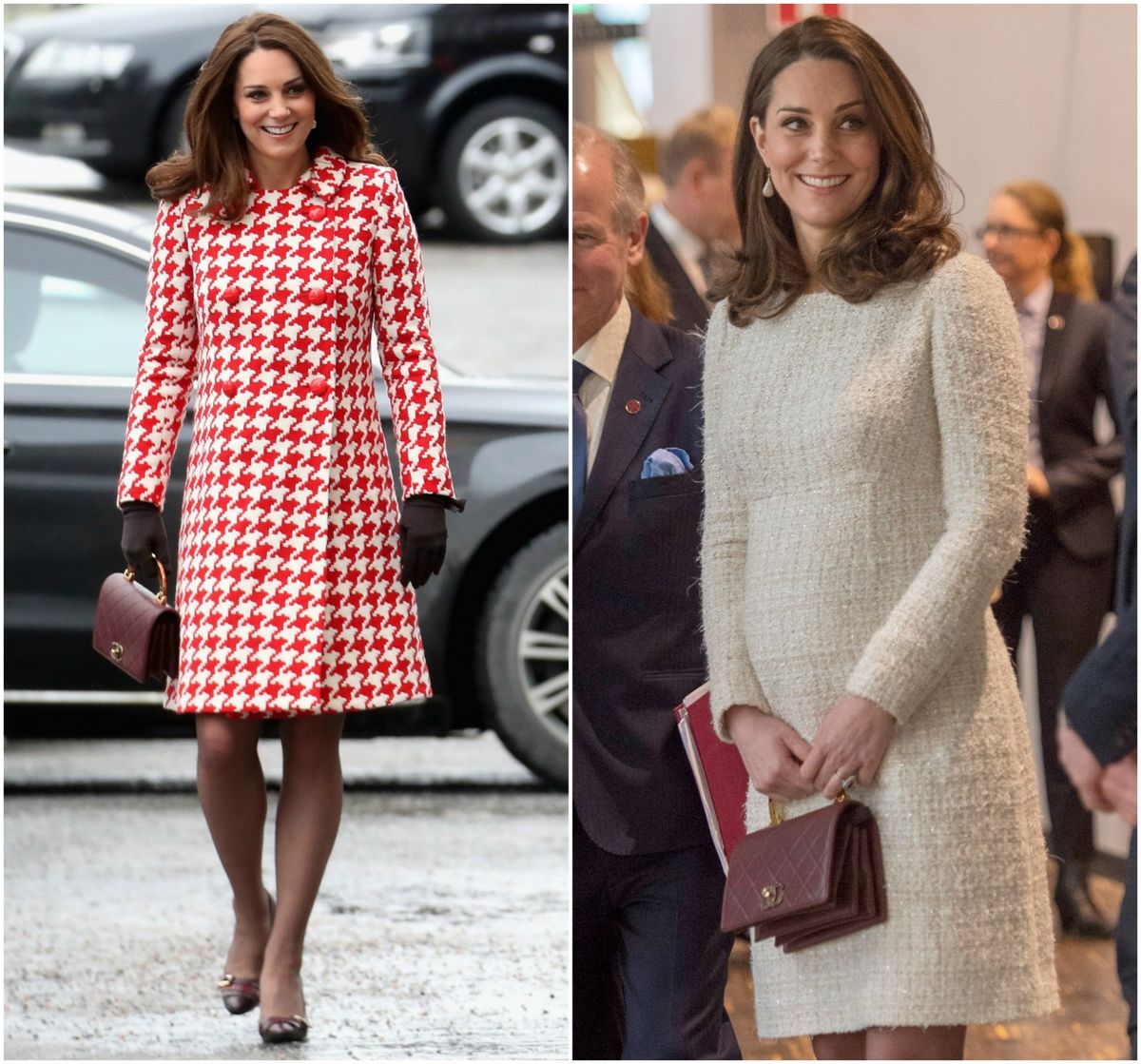 Kaput Catherine Walker, haljina Alexander McQueen i torbica Chanel za posjet institutu