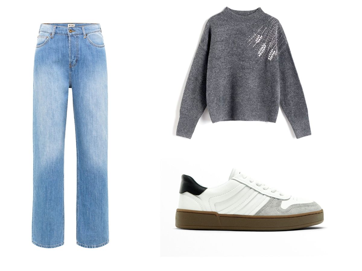 Džemper + traperice ravnih nogavica + tenisice