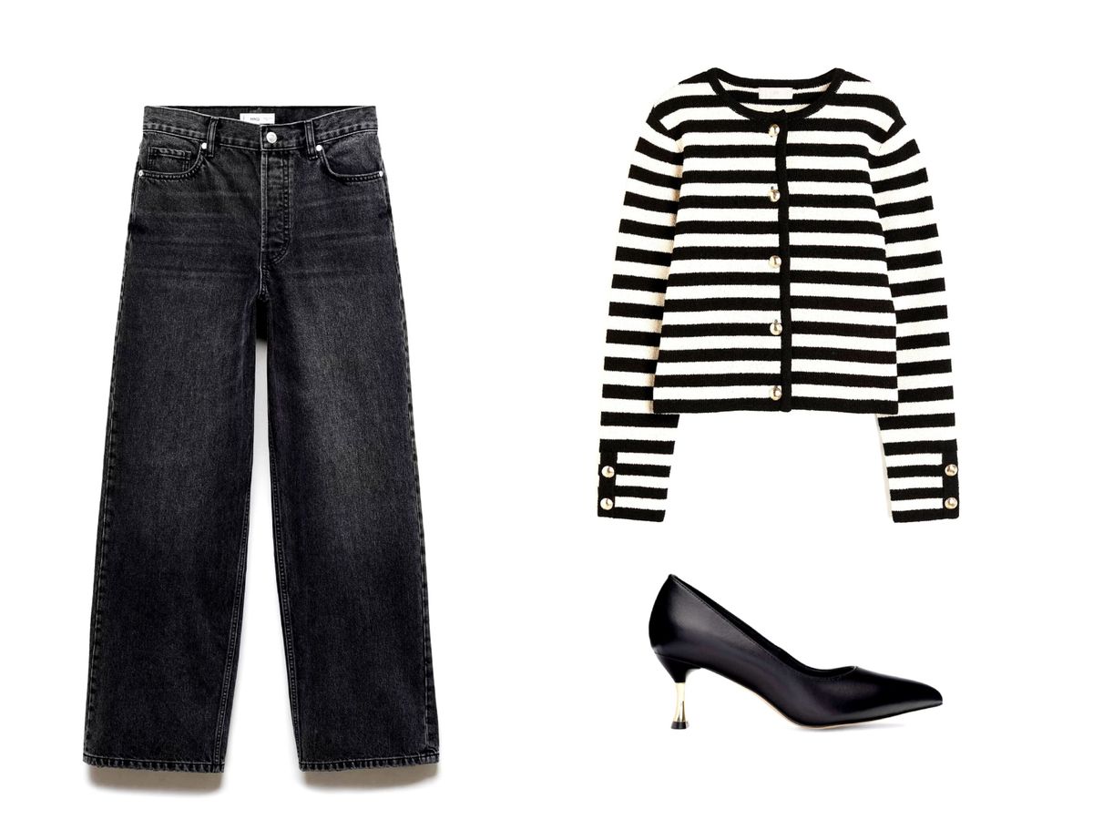 Kardigan + traperice širokih nogavica + salonke