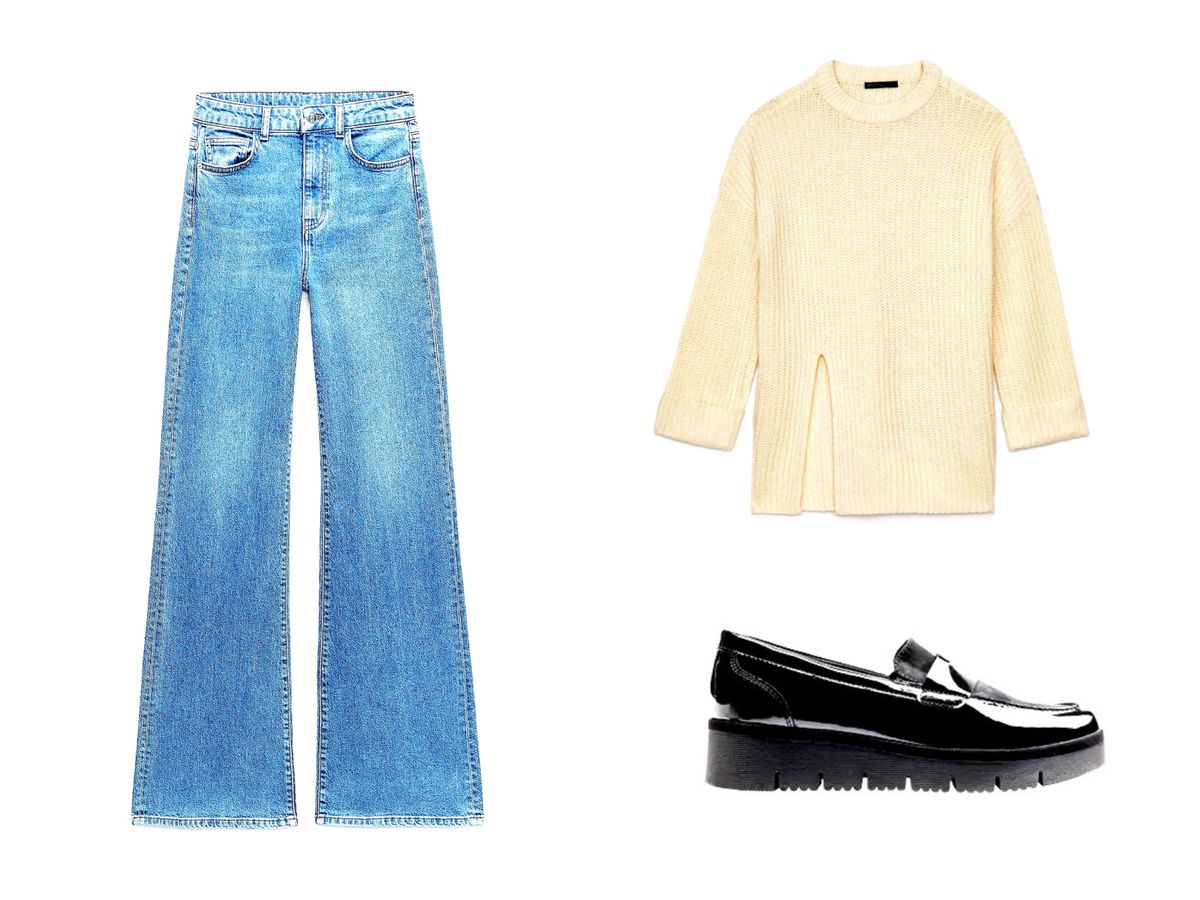 3. Džemper opuštenog kroja + zvonolike traperice + mokasinke