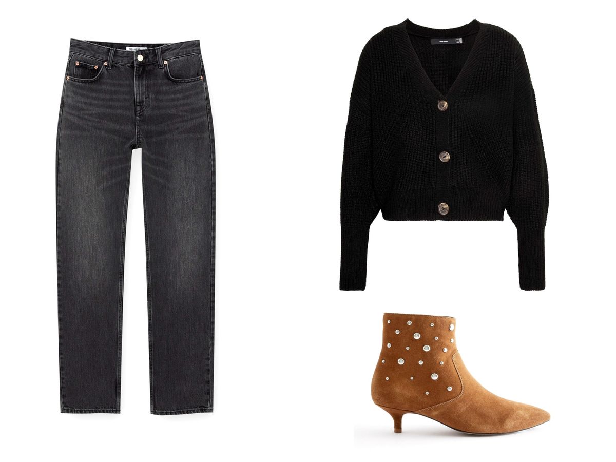 Vesta na kopčanje + crne traperice + gležnjače