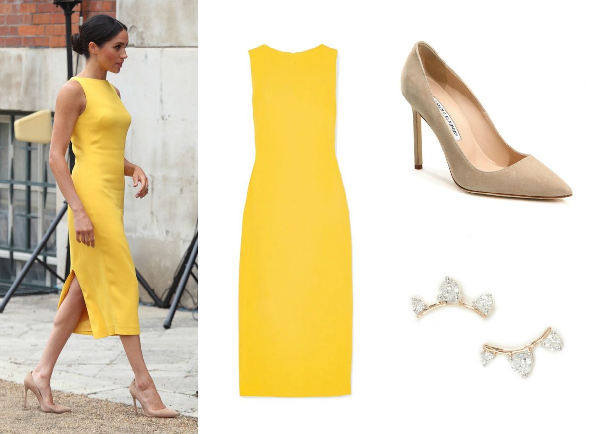 Meghan je nosila haljinu Brandona Maxwella, salonke Manoloa Blahnika i naušnice Adine Reyter