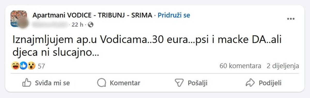 Oglas za iznajmljivanje apartmana u Vodicama