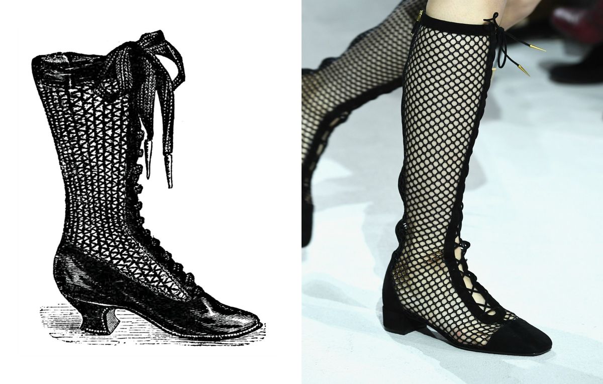 Skica čizme iz 19. stoljeća i čizma iz Diorove kolekcije za proljeće/ljeto 2018.