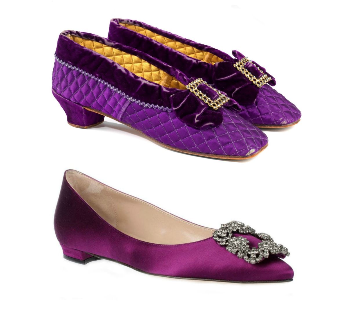 Stare satenske cipele s baršunastim detaljima i satenski model Manoloa Blahnika