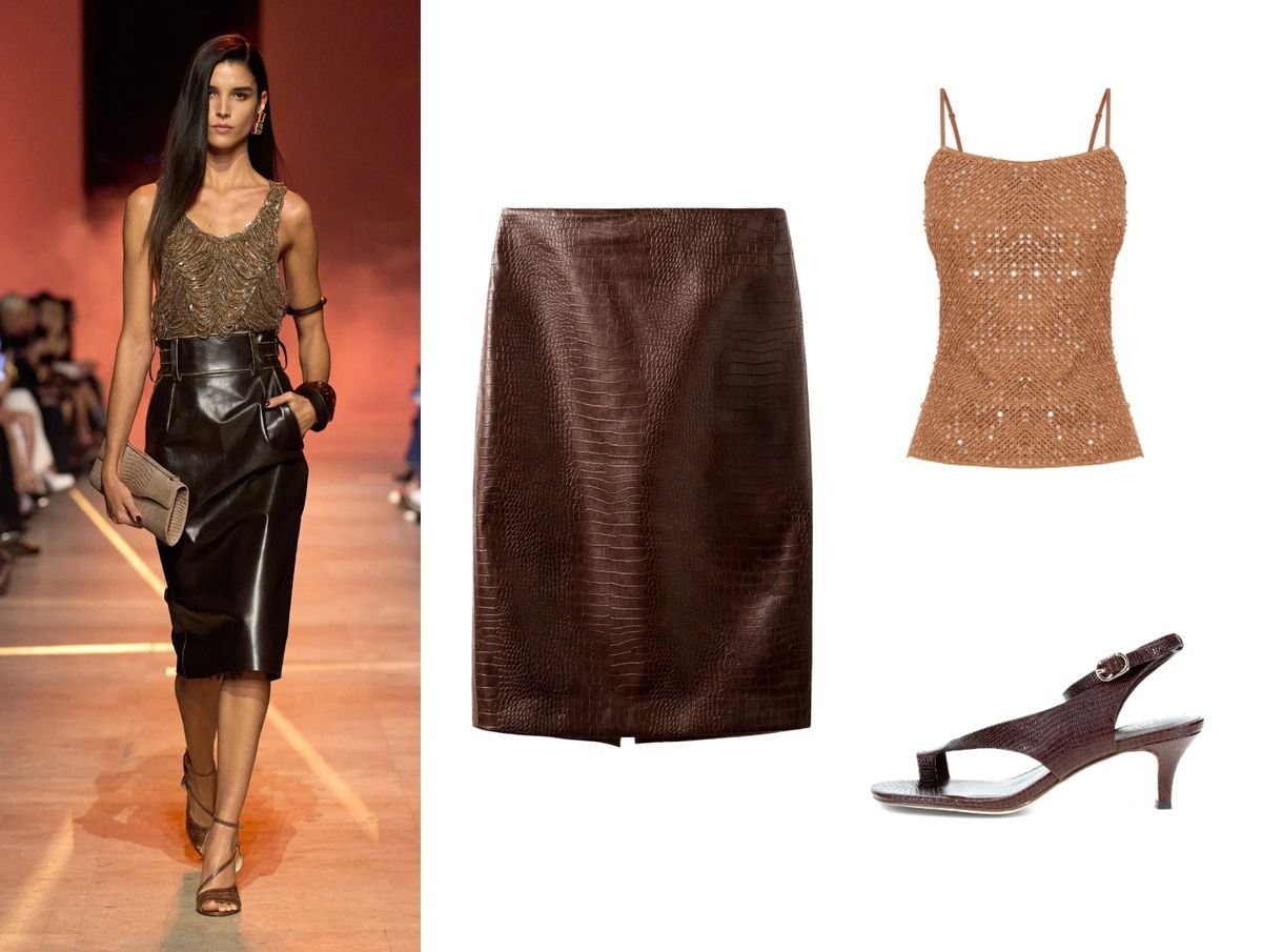 Kombinacija sa smeđom kožnatom suknjom i glamuroznim topom