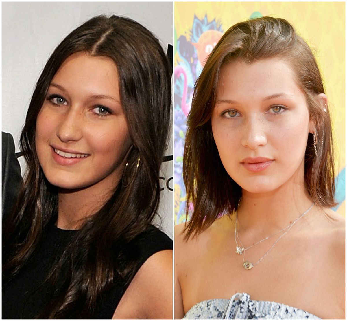 Bella Hadid 2010. netom prije korekcije nosa i 2014. godine