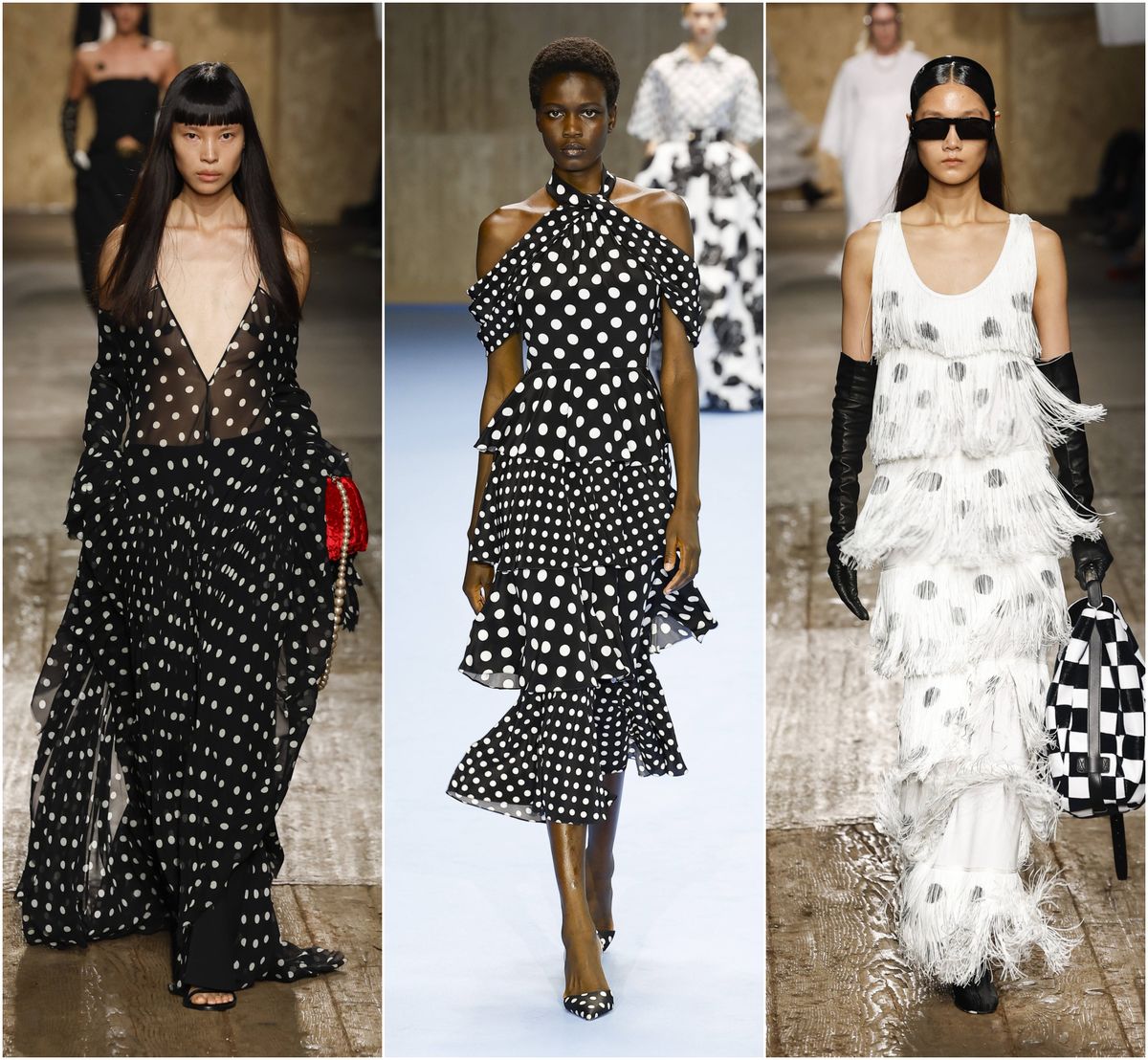 Haljine s točkastim uzorkom u kolekcijama modnih kuća Moschino i Ferragamo za proljeće/ljeto 2025.