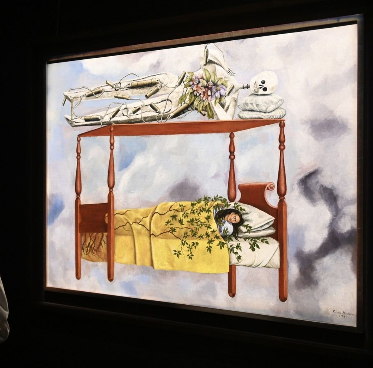 Slika prikazuje Fridu kako leži na krevetu koji lebdi na pastelno plavom nebu, obavijena organičkim zelenim viticama, dok iznad nje lebdi sablasni kostur s buketom osušenog cvijeća.