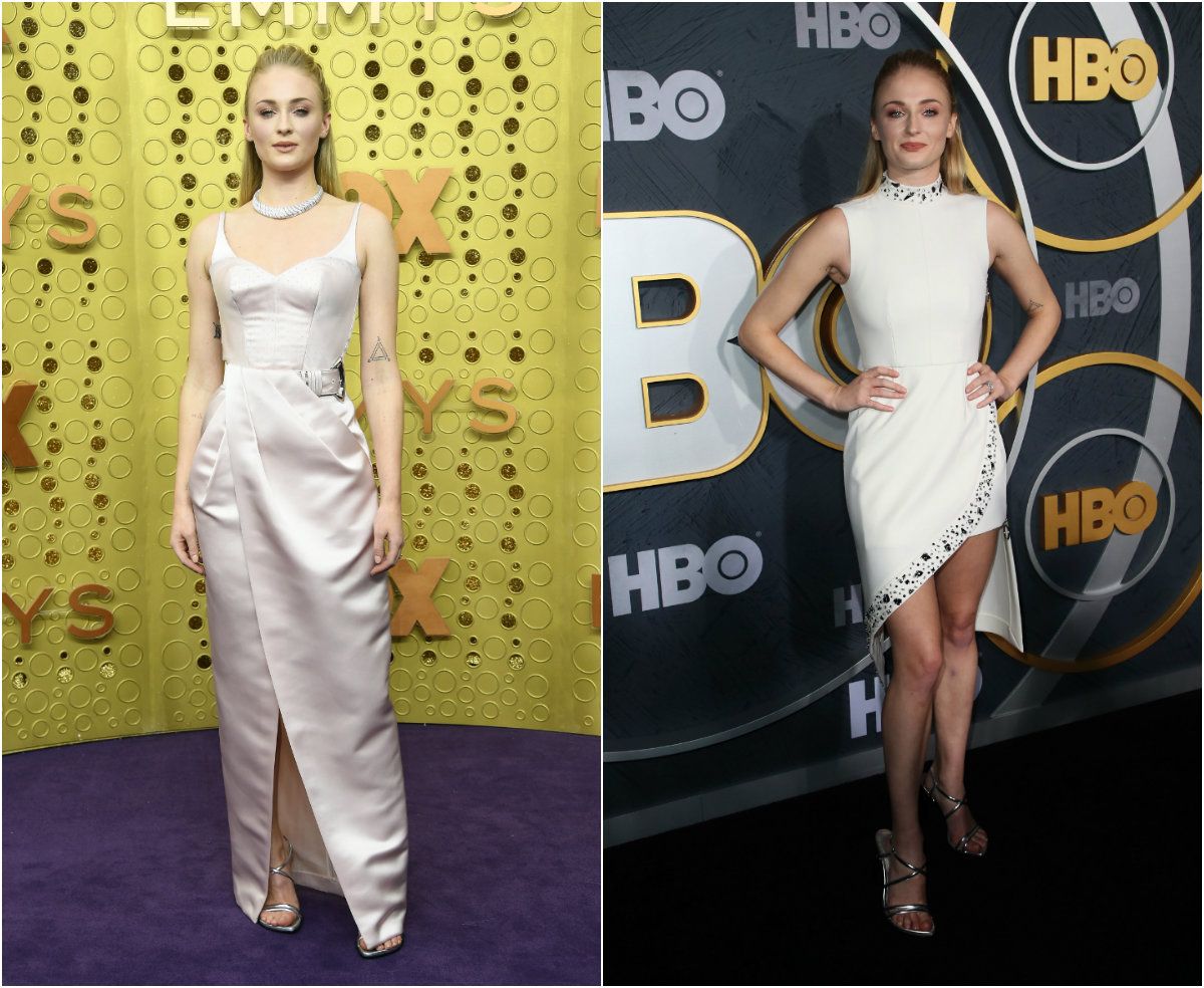 Sophie Turner za dodjelu je odabrala dugačku satensku toaletu modne kuće Louis Vuitton, a za zabavu asimetričnu bijelu haljinu
