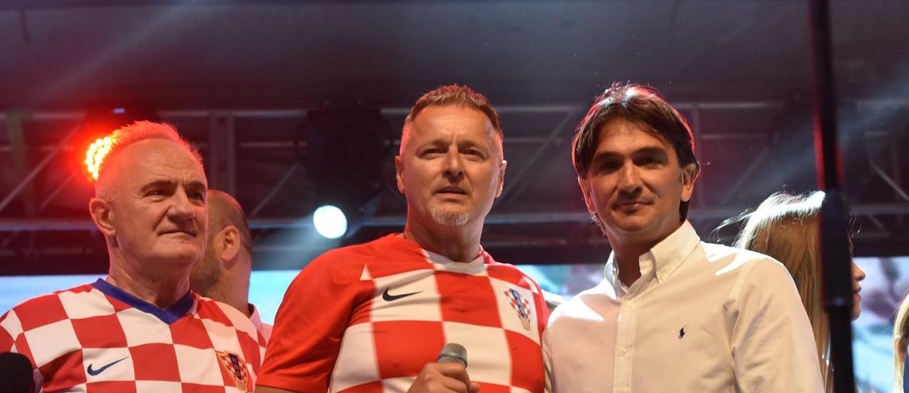 Zlatko Dalić, Marko Perković Thompson i Mate Bulić 2018. godine