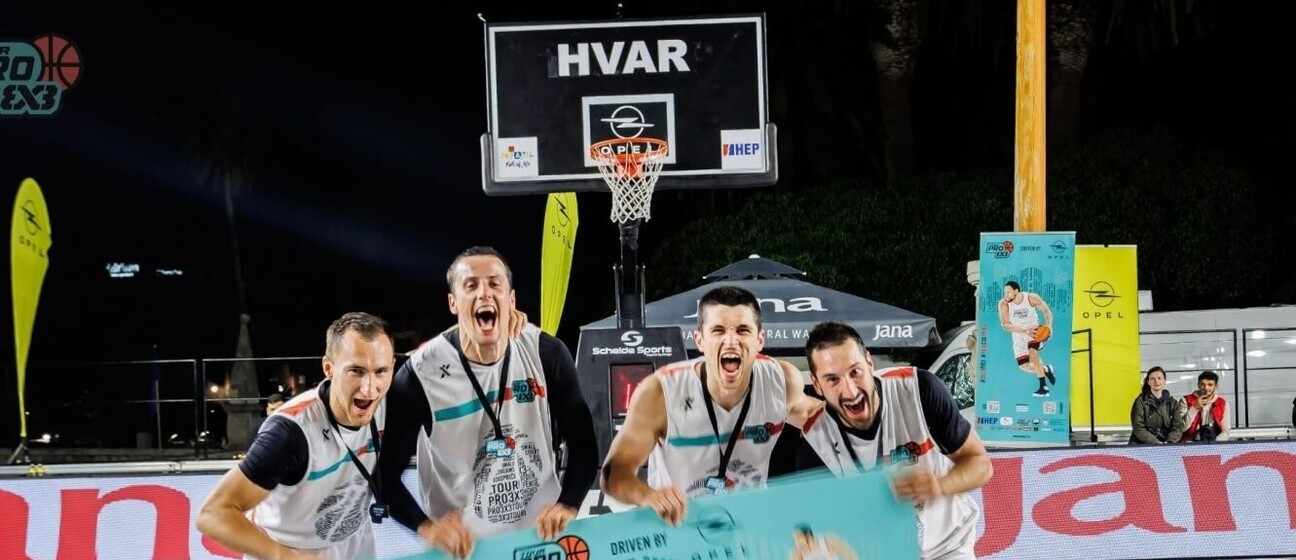 Pobjednici PRO 3x3 Tour turnira na Hvaru 2025. godine: Marko Raičević, Petar Ivanović, Aleksa Vujadinović i Miloš Jovanović
