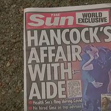 Naslovnica novina The Sun o aferi ministra zdravstva Hancocka