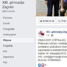 Objava XIII. gimnazije Zagreb o štrajku (Foto: screenshot)