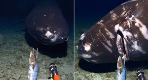 Pacifički pas spavač na dnu mora kako jede mamac uz kameru