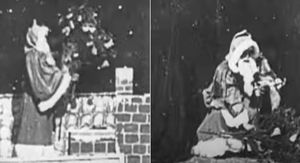 Djed Božićnjak u istoimenom filmu iz 1898., kako hoda po krovu i daruje djecu