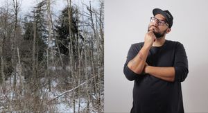 Šuma zimi i muškarac koji razmišlja