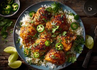 Sočan pileći zabatak poslužite s kuhanom rižom, kriškama limete i jalapeno papričicama