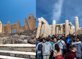 Ulaz na Akropolu - u turističkim prospektima i u stvarnosti tijekom ljeta