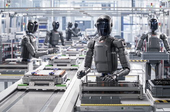 Humanoidni roboti u tvornici, ilustracija