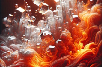 Ilustracija kristala silicija koji izlaze iz tekućeg metala Zemljine vanjske jezgre zbog kemijske reakcije izazvane vodom