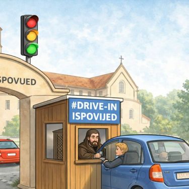 Grafika drive-in ispovijedi u župi sv Roka iz Virovitice