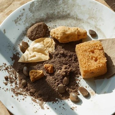 Kamenje, zemlja, papir i spužva na tanjuru