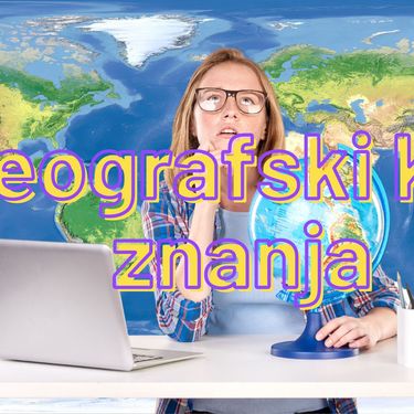 Žena razmišlja za računalom i karta svijeta uz natpis kviza