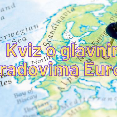 Karta Europe sa zabijenom pribadačom i naslov kviza