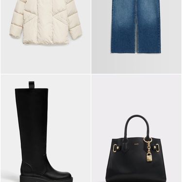 Podstavljena jakna + suknja od trapera + ravne čizme + torba s kratkom ručkom