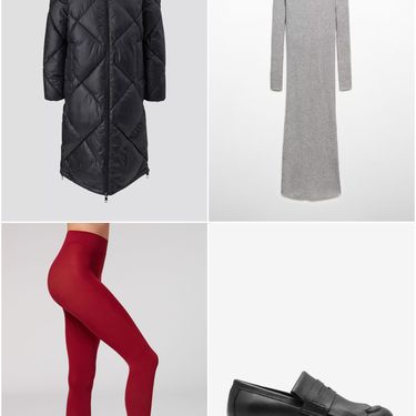 Duga jakna + pletena haljina + crvene čarape + loaferice