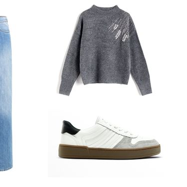 Džemper + traperice ravnih nogavica + tenisice